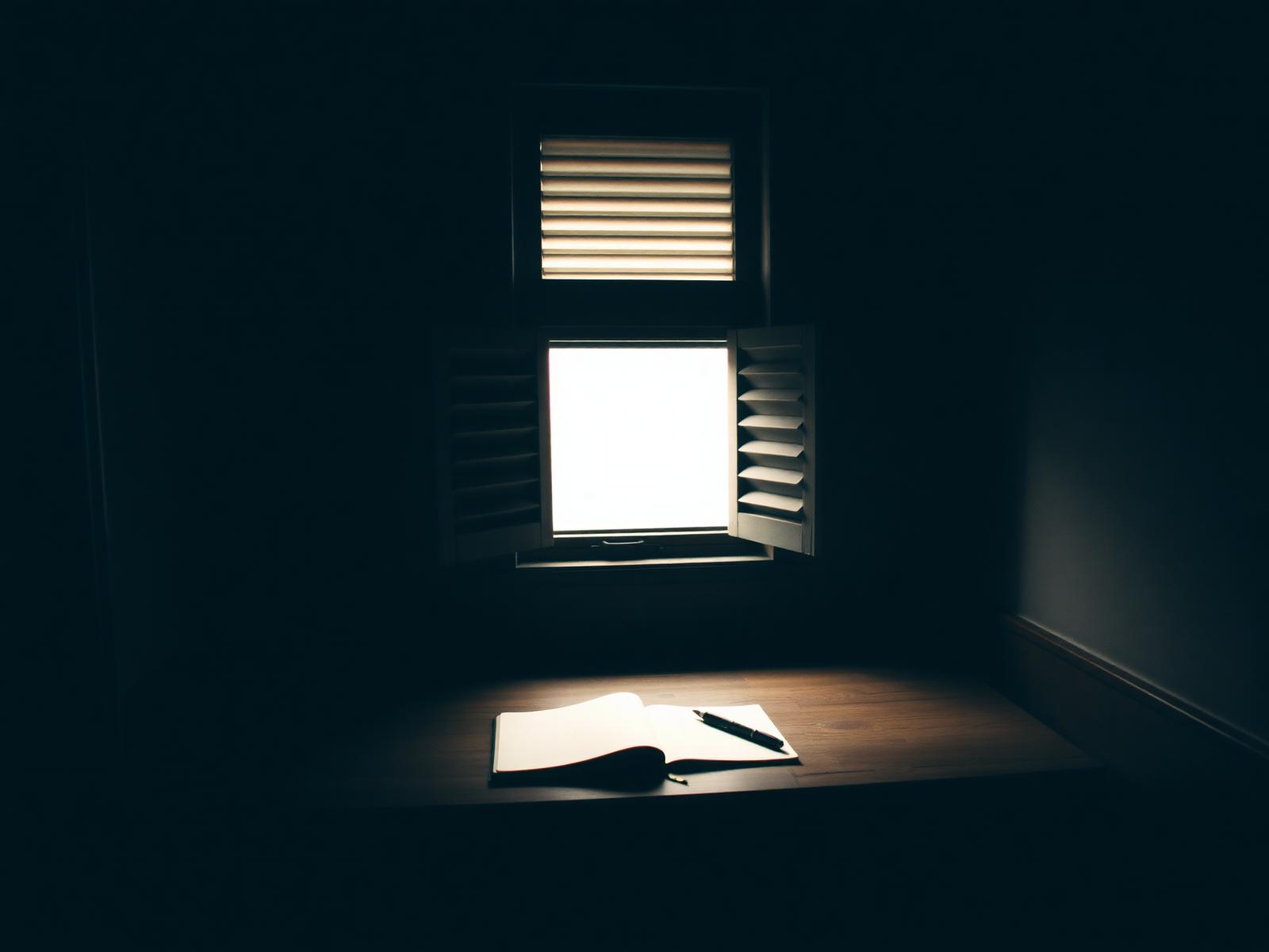 A quiet attic room with a small open notebook resting on a wooden desk beneath a shuttered window, evoking The Diary of Anne Frank