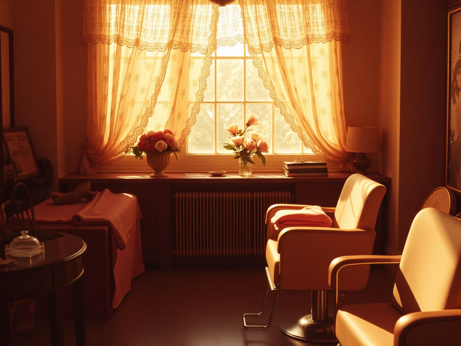 Warm afternoon light streaming through lace curtains in a southern beauty salon set, evoking Steel Magnolias